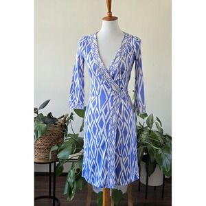 Diane von Furstenberg DVF Banded Julian Blue White Geometric Silk Wrap Dress 2